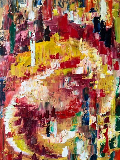 Abstract expressionist painting in reds, yellows and whites